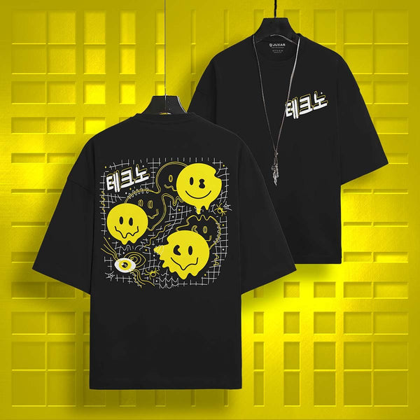 Juxar black cotton oversized t-shirt for summer with yellow smiley face graphic and Korean text