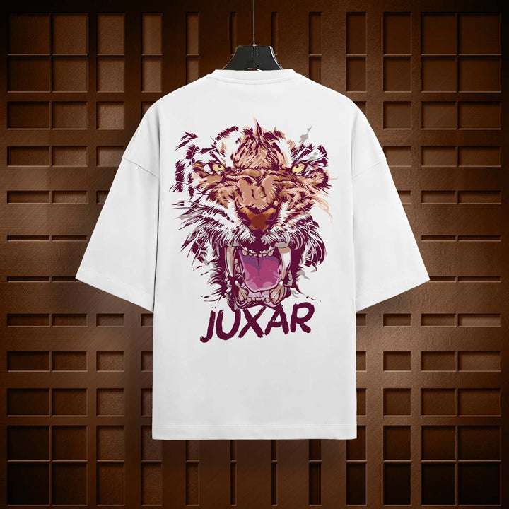 Juxar white cotton oversized t-shirt with graphic roaring tiger design on the back