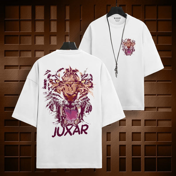 Juxar cotton oversized t-shirt in white with tiger graphic design on back and chest print