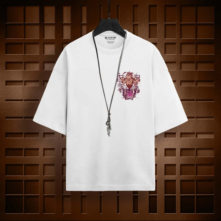 Juxar white cotton oversized t-shirt with tiger graphic on chest and black necklace accessory