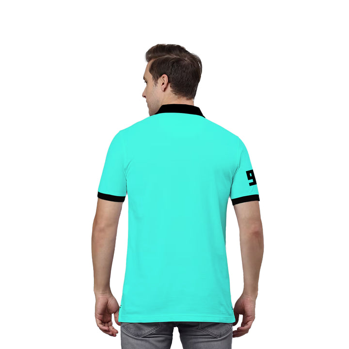 Juxar cotton polo t shirt aqua back view on male model with black collar and sleeve trim and number 9