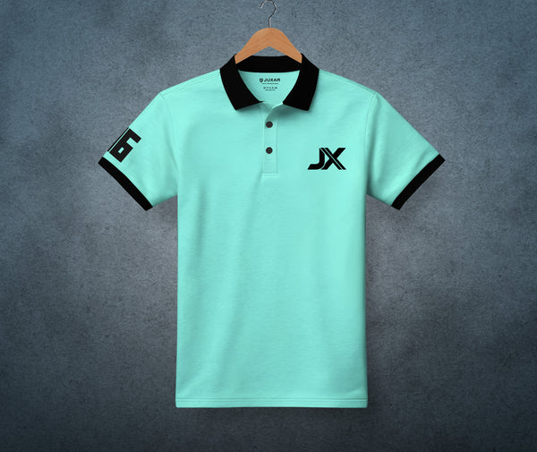 Juxar mint green cotton polo t shirt with black collar and sleeve trim JX logo on chest and number 6 on sleeve