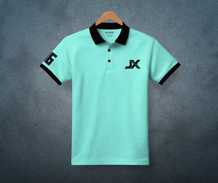 Juxar mint green cotton polo t shirt with black collar and sleeve trim JX logo on chest and number 6 on sleeve