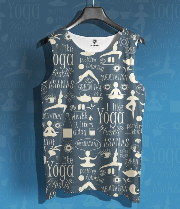 Juxar mens cotton printed sando with yoga and meditation graphic design in blue and white