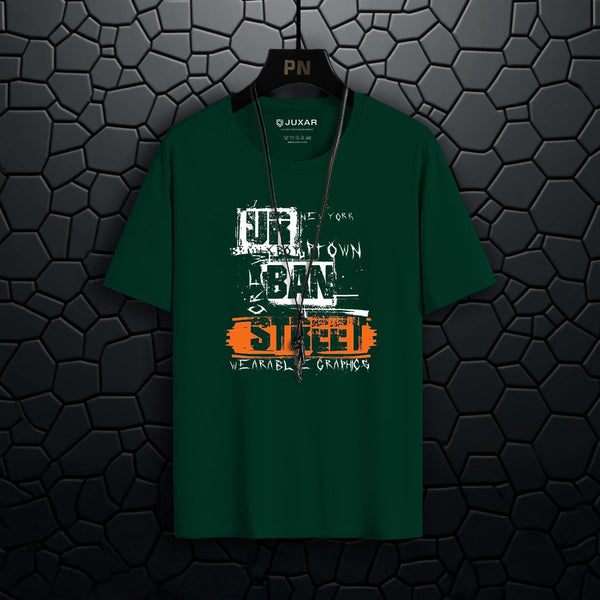 Juxar dark green cotton printed t shirt with urban graphic design on front