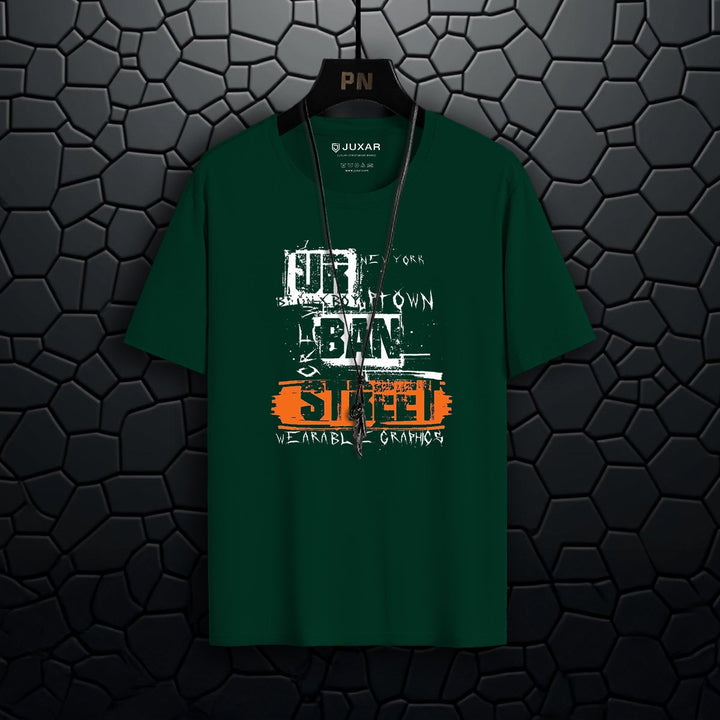 Juxar dark green cotton printed t shirt with urban graphic design on front