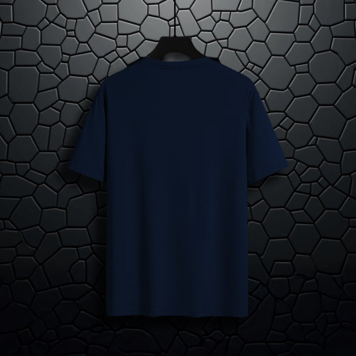 Juxar navy blue cotton round neck t shirt displayed on black textured background