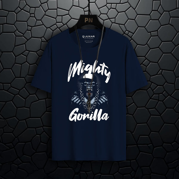 Juxar navy blue cotton round neck t shirt with Mighty Gorilla graphic print