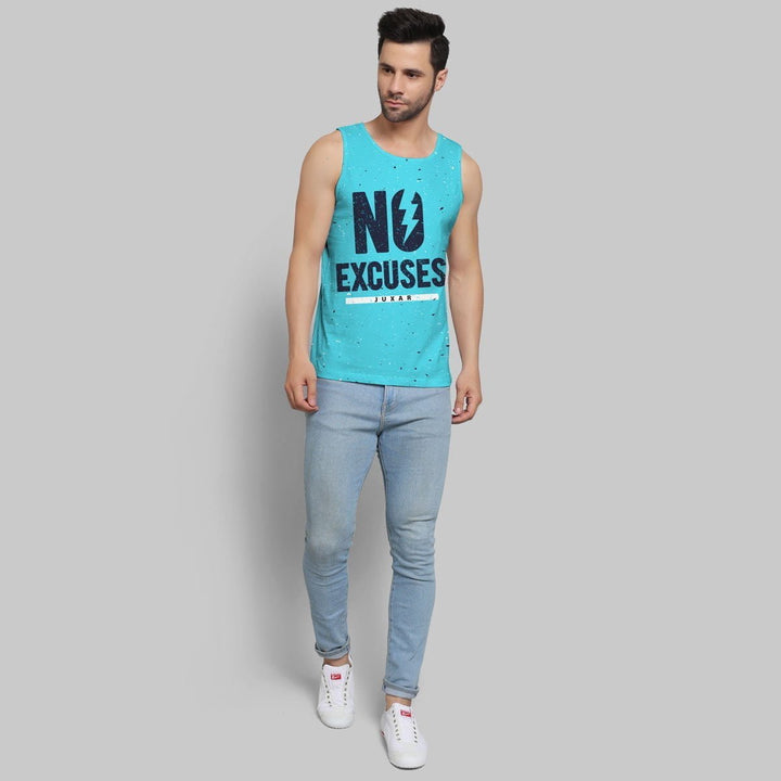 Juxar cotton sando for men in turquoise with no excuses print and distressed details