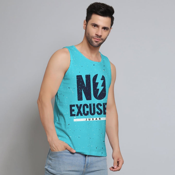 Juxar cotton sando for men in turquoise with no excuse graphic print and casual fit