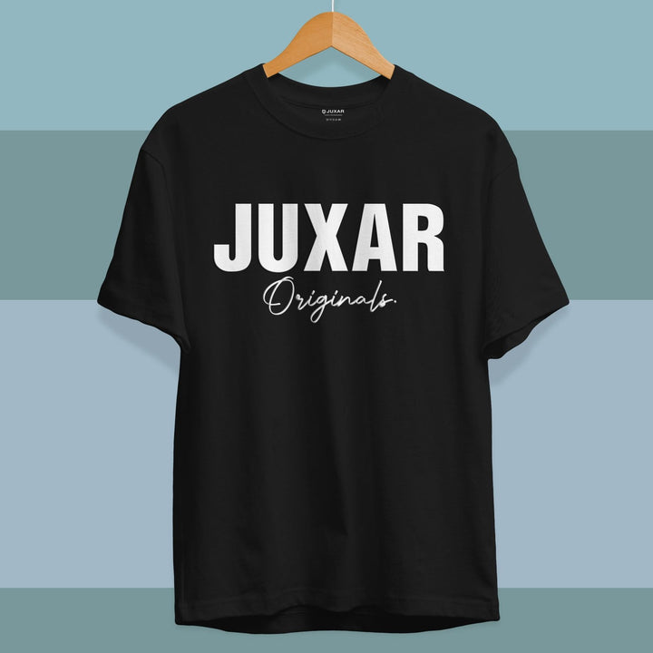 Juxar black cotton t shirt for boys with white Juxar Originals print on front