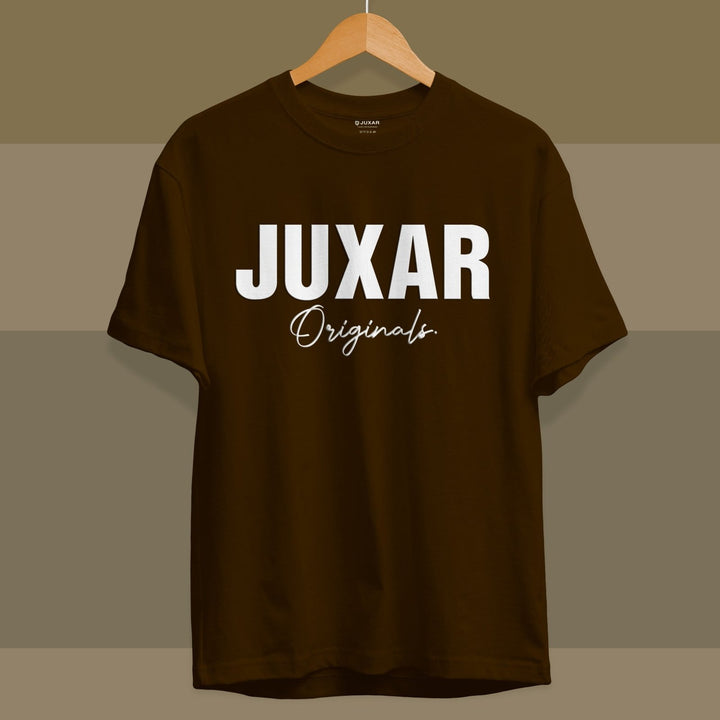 Juxar brown cotton t shirt for boys with bold white Juxar Originals logo printed front