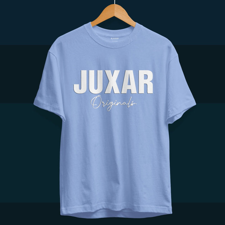 Juxar blue cotton t shirt for boys with white JUXAR Originals logo printed on front