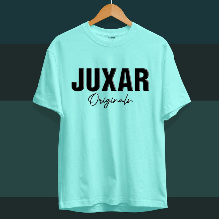 Juxar light blue cotton t shirt for boys with bold black JUXAR Originals logo on front