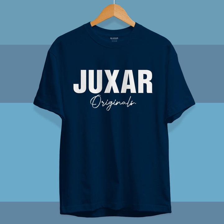 Juxar navy blue cotton t shirt for boys with white Juxar Originals print on front