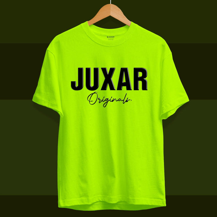 Bright green Juxar cotton t shirt for boys with bold black Juxar Originals logo on front