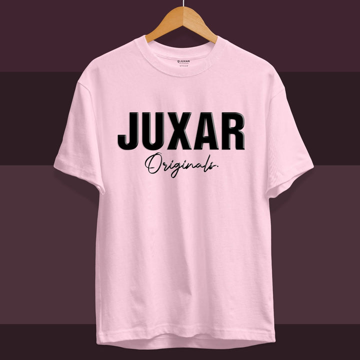 Juxar pink cotton t shirt for boys with bold black Juxar Originals logo on front