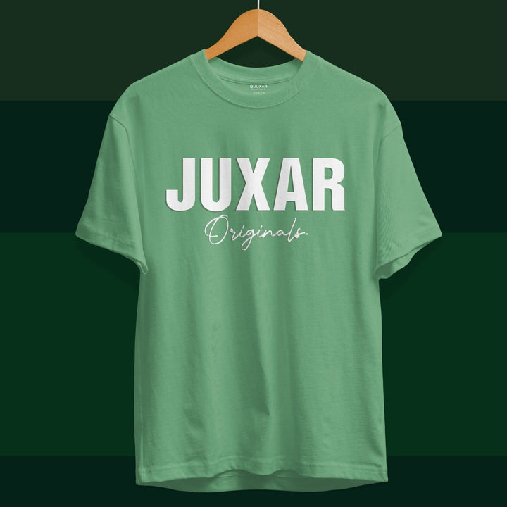 Juxar green cotton t shirt for boys with bold white JUXAR Originals logo on front