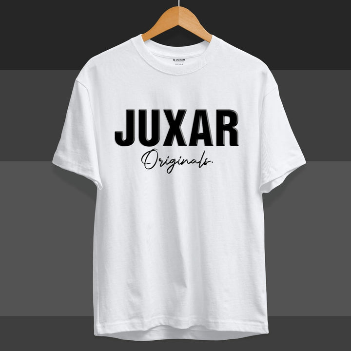 Juxar white cotton t shirt for boys with bold black JUXAR Originals logo on front