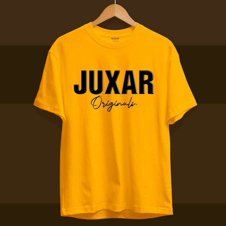 Juxar yellow cotton t shirt for boys with bold black text logo on front