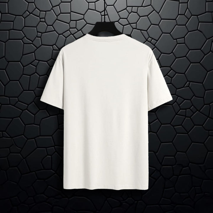 Juxar plain white cotton t shirt for men displayed on black hanger with textured background