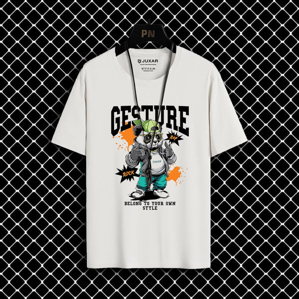 Juxar cotton t shirt for men in white with graphic print of a bear wearing sunglasses and hat