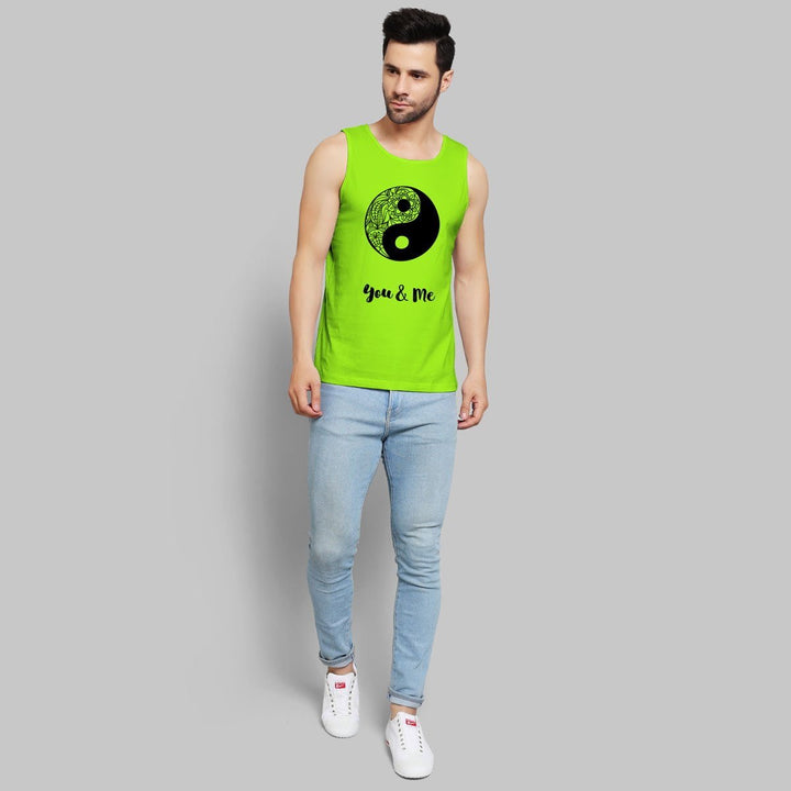 Juxar mens couples graphic sando in bright green with yin yang design and you and me text