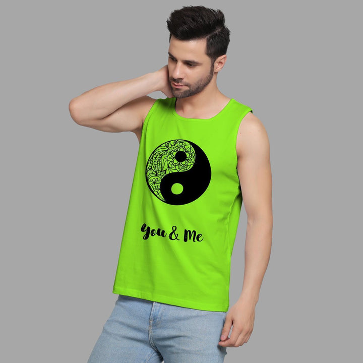 Juxar men's bright green couples graphic sando with black yin yang design and you and me text