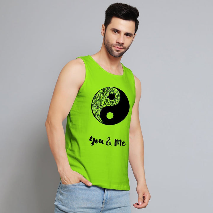 Juxar mens bright green couples graphic sando with yin yang design and you and me text