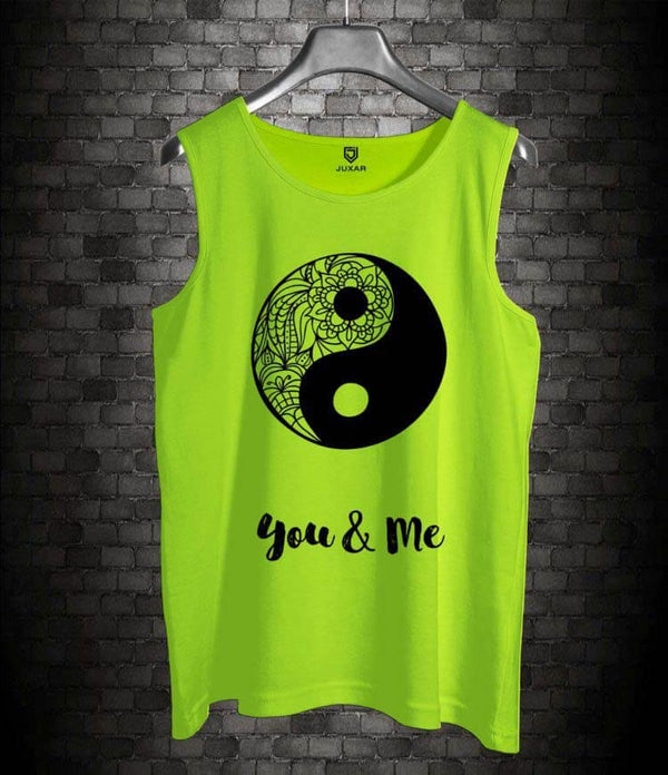 Juxar lime green mens couples graphic sando with yin yang floral design and you and me text
