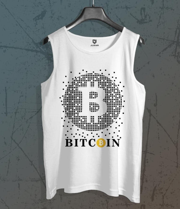 Juxar men's cryptocurrency gym tank white with pixelated Bitcoin logo design