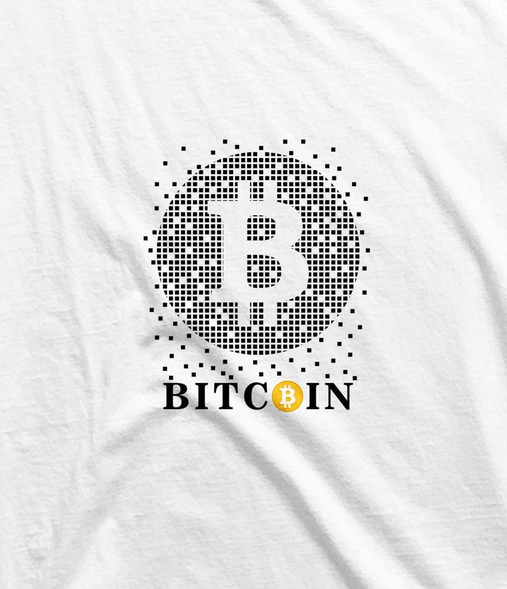 Juxar men's cryptocurrency gym tank white featuring a pixelated Bitcoin logo and text design