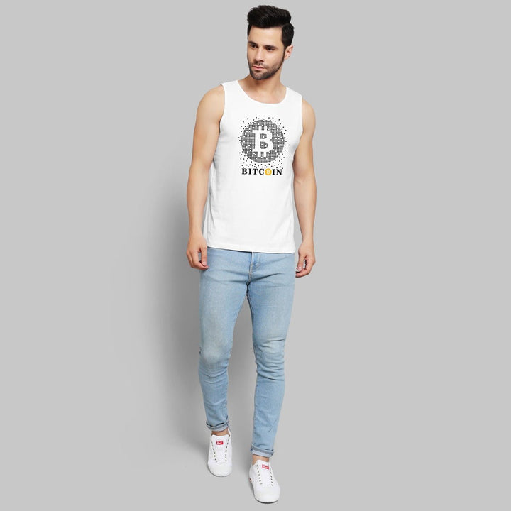 Juxar mens cryptocurrency gym tank white with bitcoin graphic design worn with light blue jeans and white sneakers