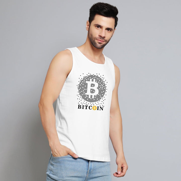 Juxar men's cryptocurrency gym tank white with Bitcoin logo sleeveless workout shirt