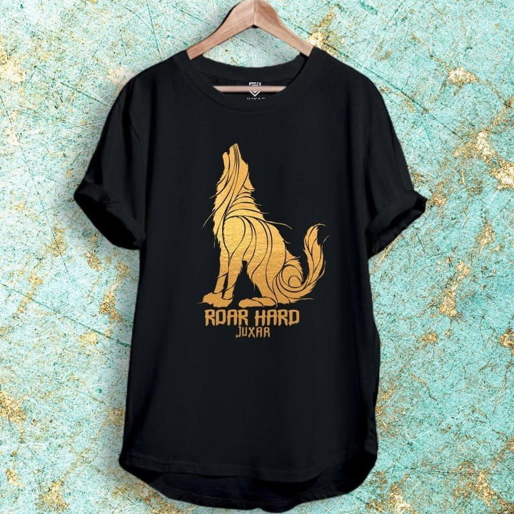 Juxar black custom cotton longline t shirt with gold howling wolf graphic and Roar Hard logo on turquoise background