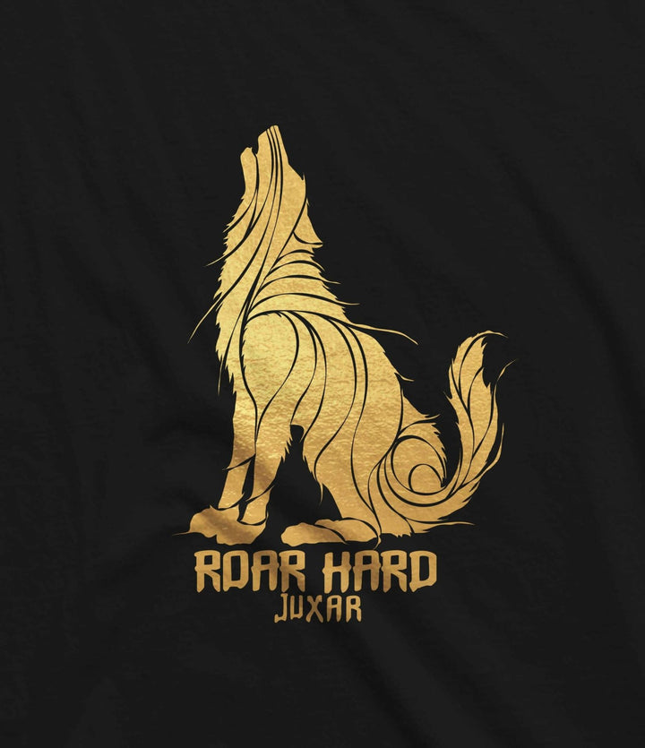 Juxar black longline tee with gold howling wolf graphic and ROAR HARD Juxar text custom cotton longline t shirt