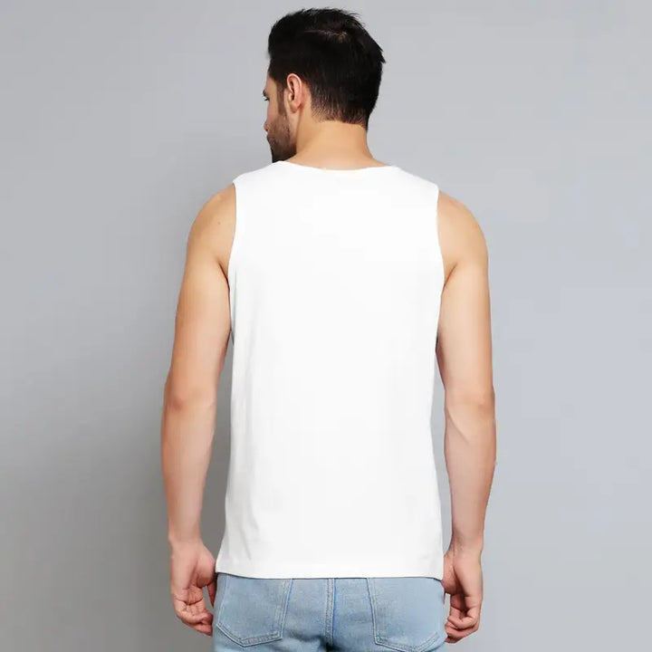 Back view of a man wearing a white custom printed sando with sleeveless design and blue jeans