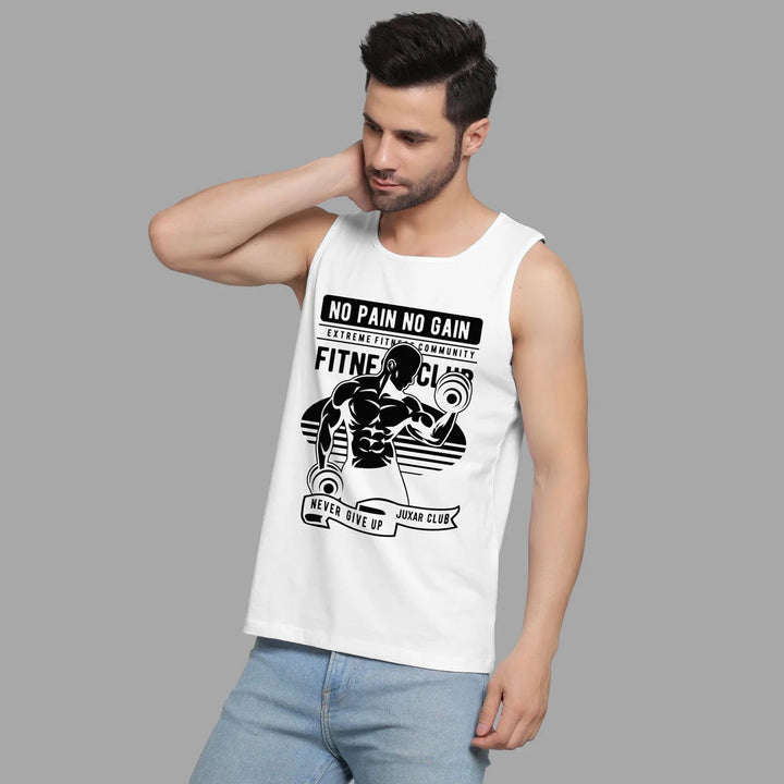 Juxar men's white custom printed sando with black fitness graphic and motivational text