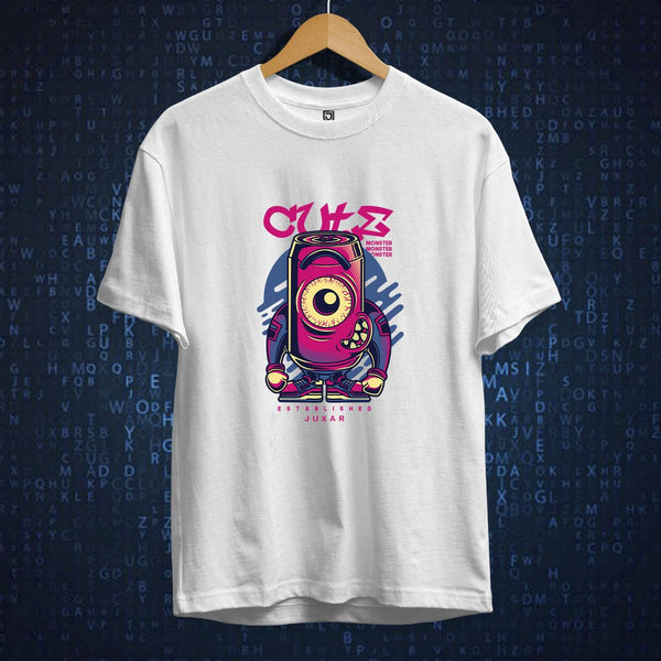 Juxar white boys t shirt featuring neon one eyed speaker on skateboard graphic custom printed t shirt for boys