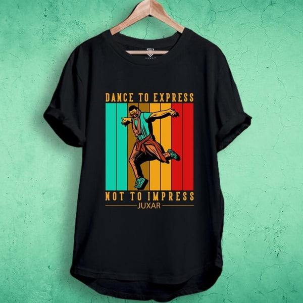 Juxar cotton dance graphic longline t-shirt black with retro vertical stripes and dancing figure