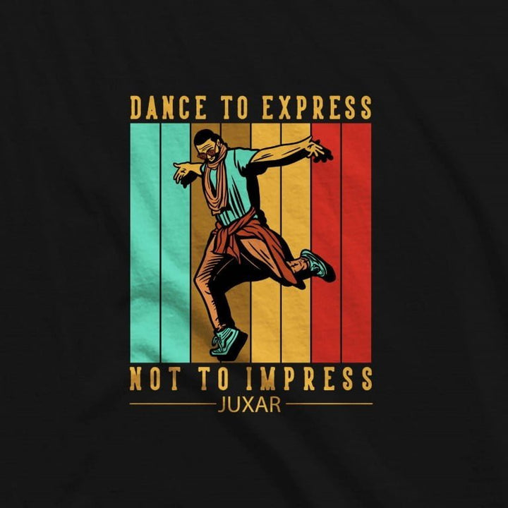 Juxar cotton longline tee with retro dancer print and DANCE TO EXPRESS NOT TO IMPRESS slogan dance graphic longline t-shirt
