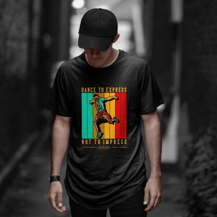 Juxar cotton dance graphic longline t-shirt in black with retro dancer print and colorful vertical stripes