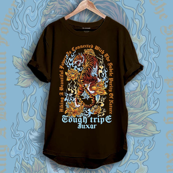 Juxar cotton designer longline t shirt black with fiery tiger and lotus graphic on wooden hanger