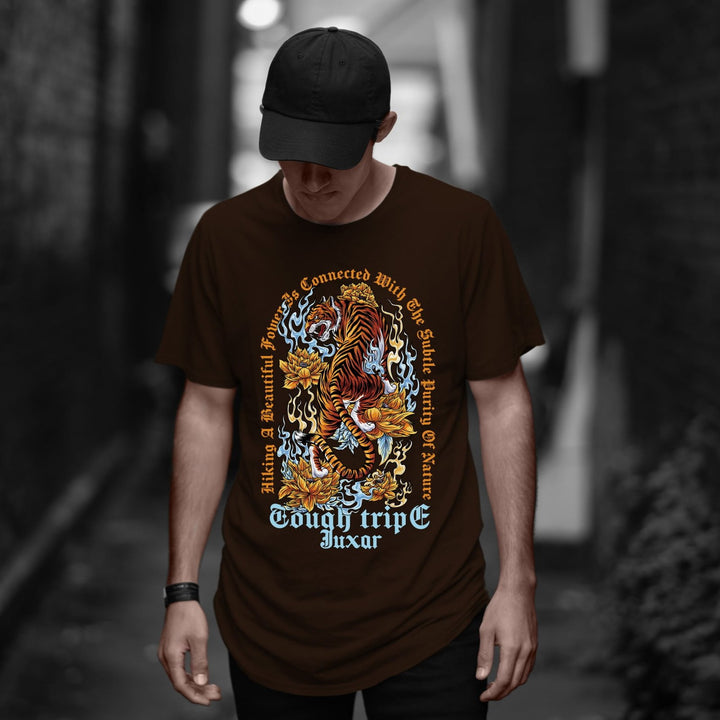 Juxar brown cotton longline tee with ornate tiger graphic and vintage lettering designer longline t shirt