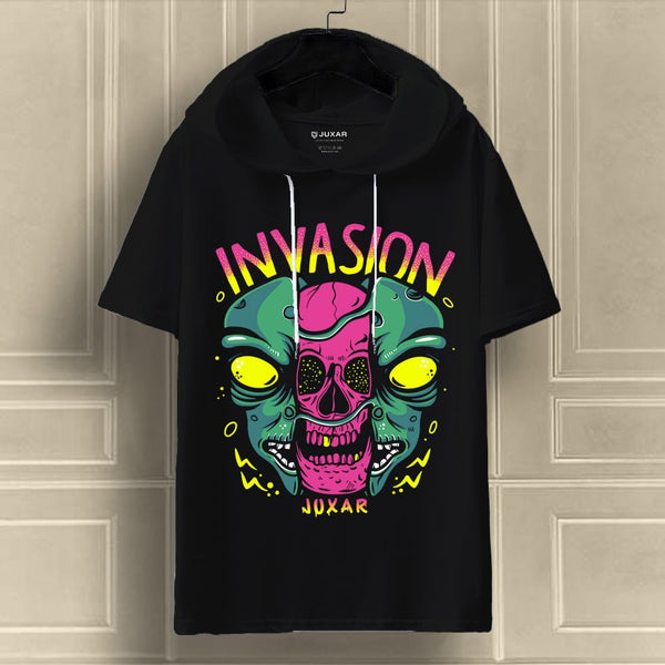 Juxar oversized hooded t-shirt black with neon alien skull INVASION graphic and drawstring hood casual fit