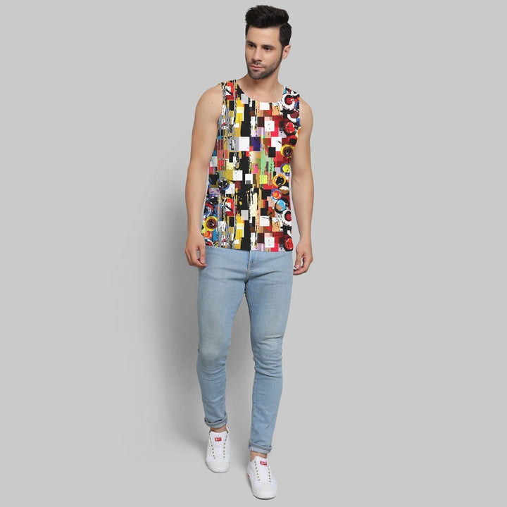 Juxar designer sando for men with colorful graphic print paired with light blue jeans