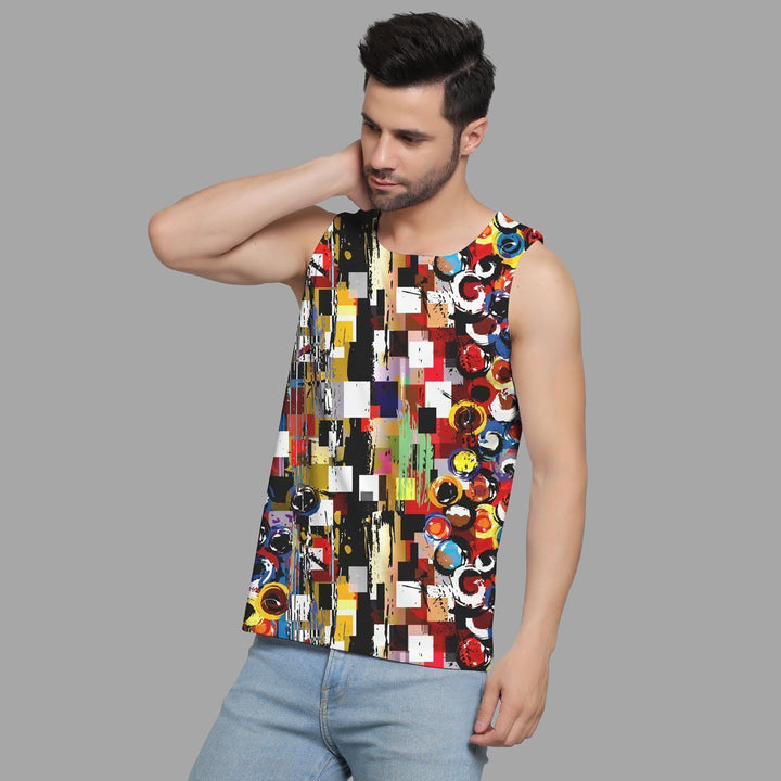 Juxar designer sando for men with colorful abstract geometric pattern and sleeveless fit