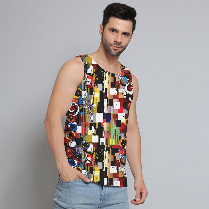 Juxar colorful designer sando for men with abstract pattern worn by male model