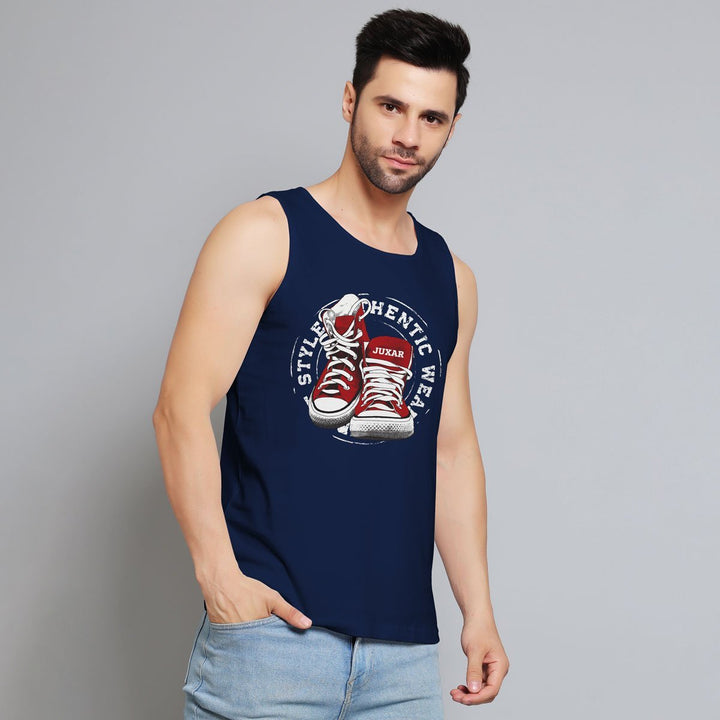 Juxar men's navy designer sleeveless sando with sneaker graphic print and light blue jeans