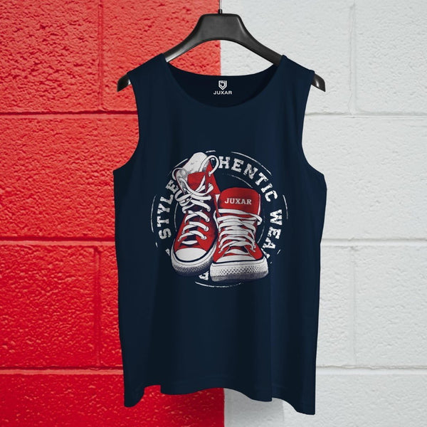 Juxar mens designer sleeveless sando in navy blue with red sneaker graphic print